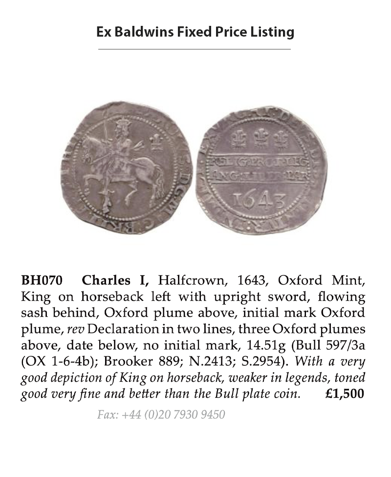 1643 Charles I Oxford Mint Halfcrown - Bull 597L - Ex Seabys 1974
