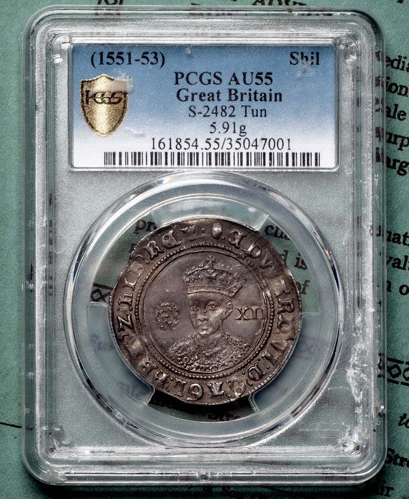 1551 - 1553 Edward VI mm TUN Shilling - AU55 grade