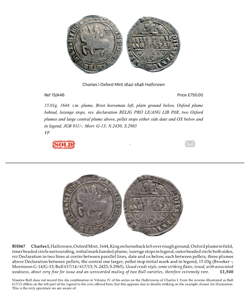 1644 Charles I Oxford Mint Halfcrown - Bull 613B